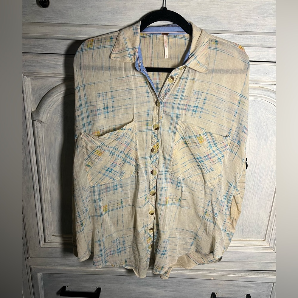 Free People‎ Shore Vibes Relaxed Lightweight Plaid Button Down Boyfriend Ivory - Picture 5 of 11